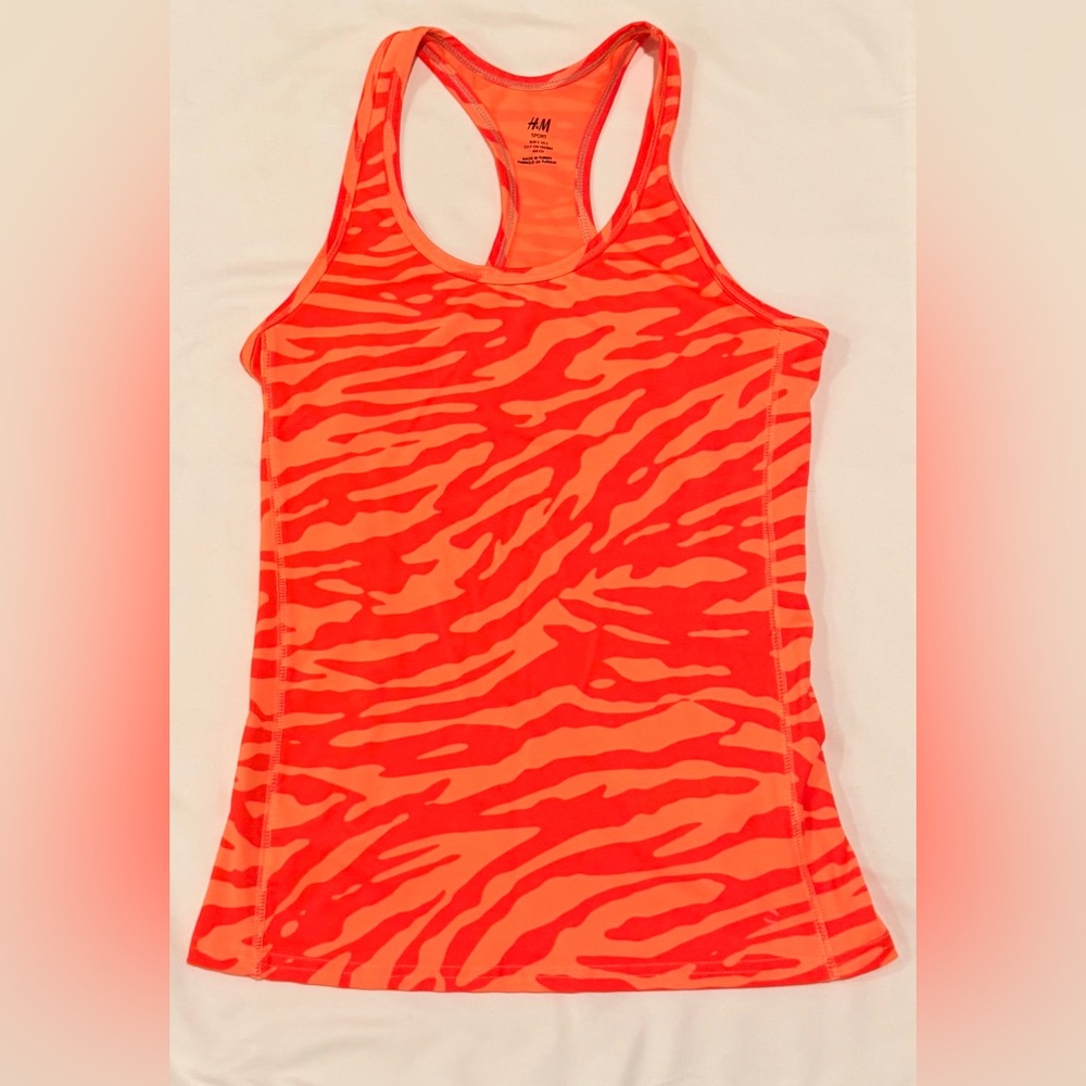 H&M Sport Neon Orange Tiger Stripe/Print Racerback Tank Workout Top Sz S